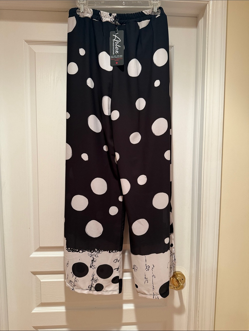 Artex Fashions Black and White Polka Dot  Fancy Pants with slits on the bottom